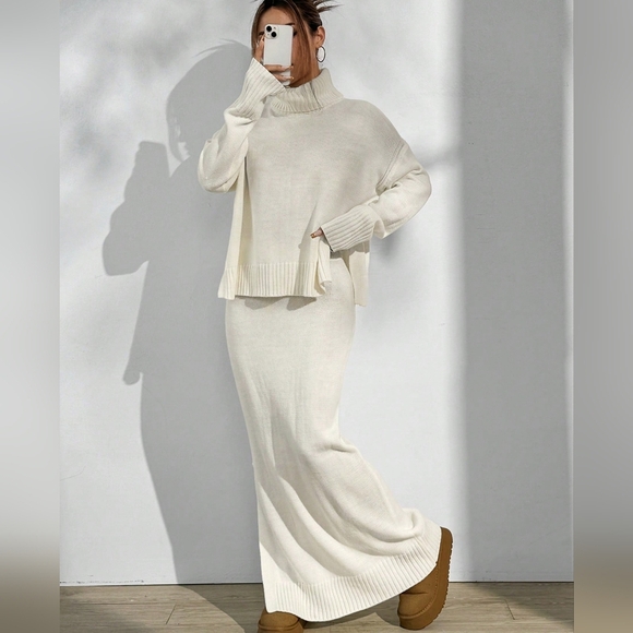 2pcs Women's Solid Color High Neck Drop Shoulder Sweater And Slit H